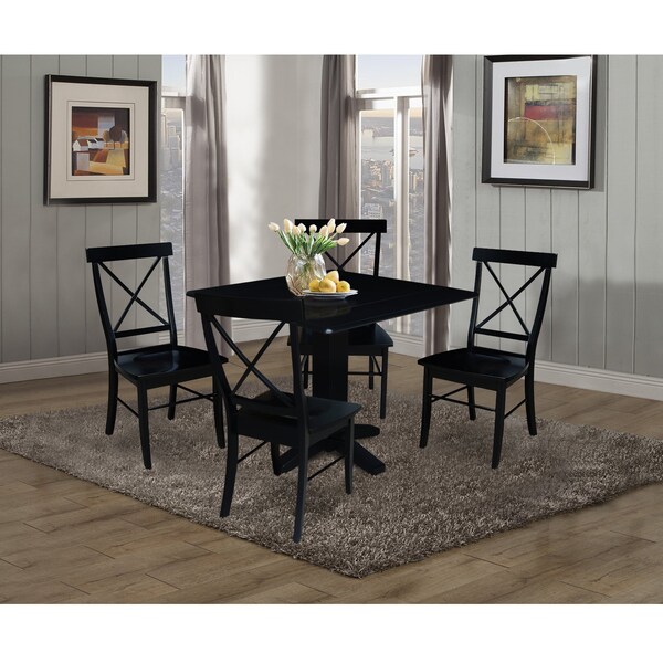 International Concepts 36 in. Solid Wood Square Dual Drop Leaf Dining Table with 4 Chairs in Black - K46-36SDP-C613-4
