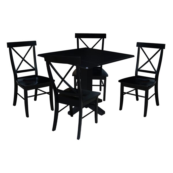 International Concepts 36 in. Solid Wood Square Dual Drop Leaf Dining Table with 4 Chairs in Black - K46-36SDP-C613-4