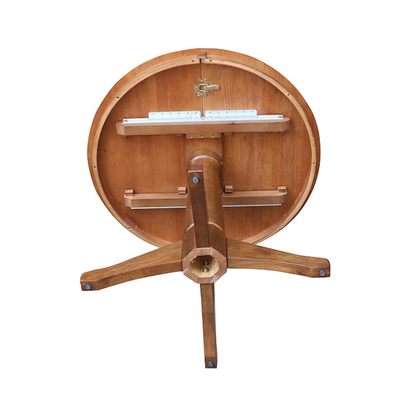 International Concepts Round 36 in Round Top Pedestal Table with 12 in Leaf, 30.1 in H, Distressed Oak, 36 in W, 48 in L - K42-36RXT-27B