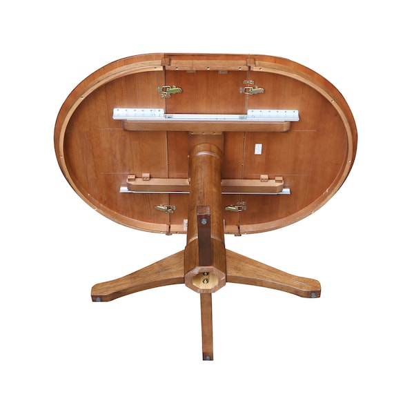 International Concepts Round 36 in Round Top Pedestal Table with 12 in Leaf, 30.1 in H, Distressed Oak, 36 in W, 48 in L - K42-36RXT-27B