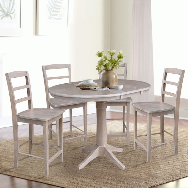 International Concepts Round 36 in Rd Extend Dining Table, 4 Counter Ht Stools, Gray Taupe, 36 in W, 48 in L, 35.8 in H - K09-36RXT-27B-S402-4