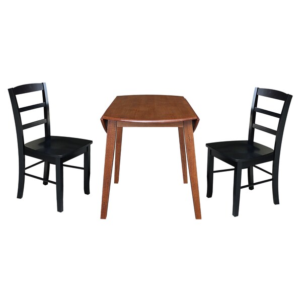 International Concepts 42 in. Solid Wood Round Dual Drop Leaf Dining Table with 2 Chairs in Distressed Oak/Black - K42-42DL-C46-2-2