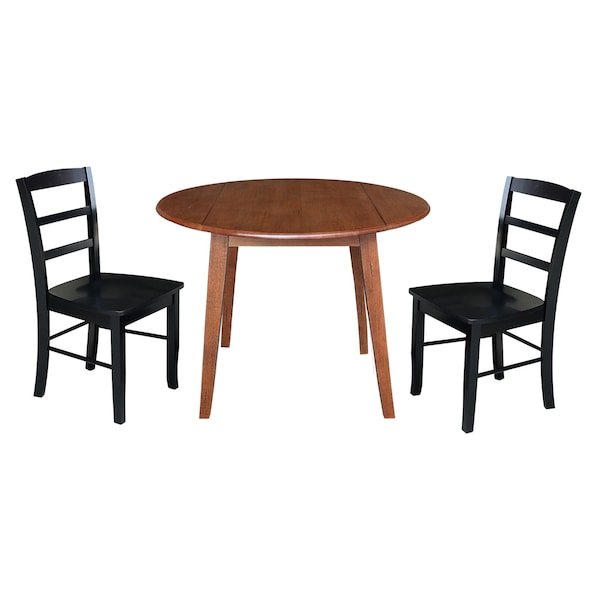 International Concepts 42 in. Solid Wood Round Dual Drop Leaf Dining Table with 2 Chairs in Distressed Oak/Black - K42-42DL-C46-2-2
