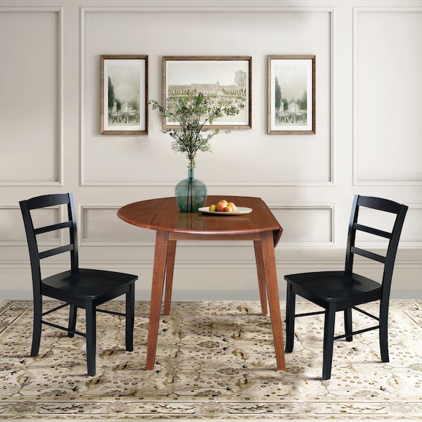 International Concepts 42 in. Solid Wood Round Dual Drop Leaf Dining Table with 2 Chairs in Distressed Oak/Black - K42-42DL-C46-2-2