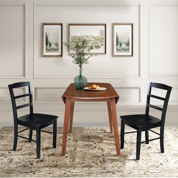 International Concepts 42 in. Solid Wood Round Dual Drop Leaf Dining Table with 2 Chairs in Distressed Oak/Black - K42-42DL-C46-2-2