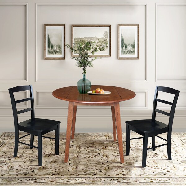 International Concepts 42 in. Solid Wood Round Dual Drop Leaf Dining Table with 2 Chairs in Distressed Oak/Black - K42-42DL-C46-2-2