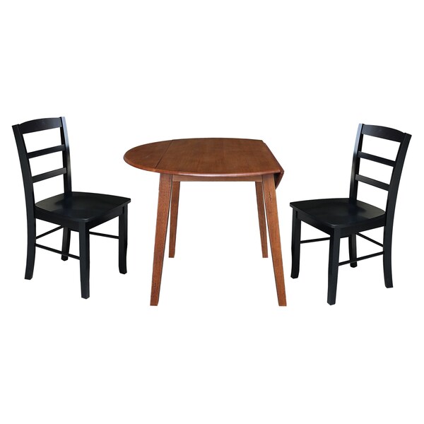 International Concepts 42 in. Solid Wood Round Dual Drop Leaf Dining Table with 2 Chairs in Distressed Oak/Black - K42-42DL-C46-2-2