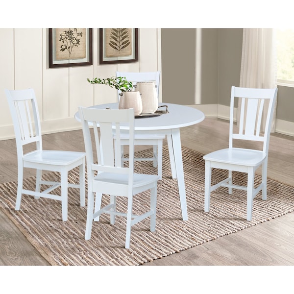 International Concepts 42 in. Solid Wood Round Dual Drop Leaf Dining Table with 4 Chairs in White - K08-42DL-C10-4