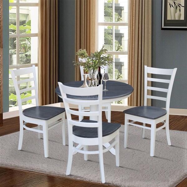 International Concepts 36 in. Solid Wood Round Top Pedestal Dining Table with 4 Dining Chairs in White/Heather Gray - K05-36RT-27B-C617-4