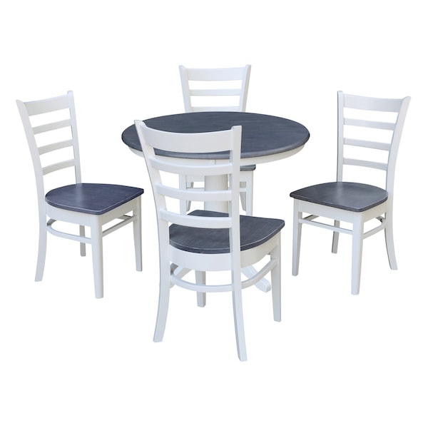 International Concepts 36 in. Solid Wood Round Top Pedestal Dining Table with 4 Dining Chairs in White/Heather Gray - K05-36RT-27B-C617-4