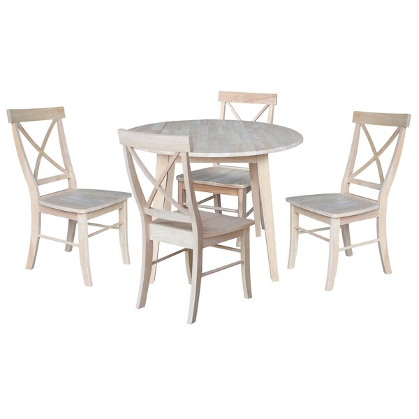 International Concepts 42 in. Solid Wood Round Dual Drop Leaf Dining Table with 4 Chairs, White/Heather Gray - K-42DL-C613-4