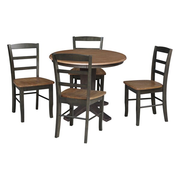 International Concepts 36 in. Solid Wood Round Top Dining Table with 4 Chairs in Hickory/Washed Coal - K45-36RT-23B-C2-4