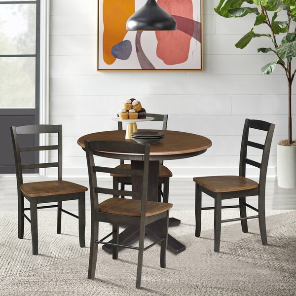 International Concepts 36 in. Solid Wood Round Top Dining Table with 4 Chairs in Hickory/Washed Coal - K45-36RT-23B-C2-4