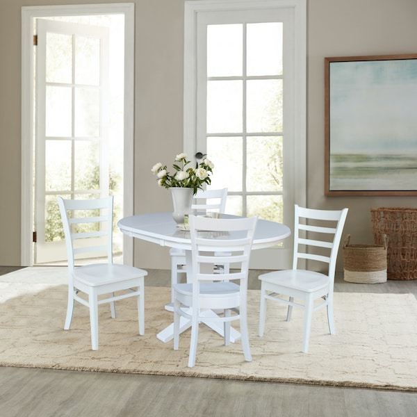 International Concepts 36 in. Solid Wood Round Extension Dining Table with 4 Dining Chairs in White - K08-36RXT-23B-C617-4