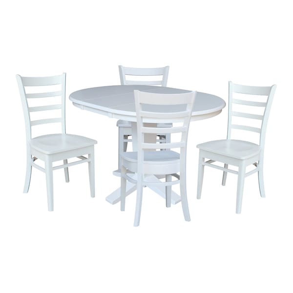 International Concepts 36 in. Solid Wood Round Extension Dining Table with 4 Dining Chairs in White - K08-36RXT-23B-C617-4