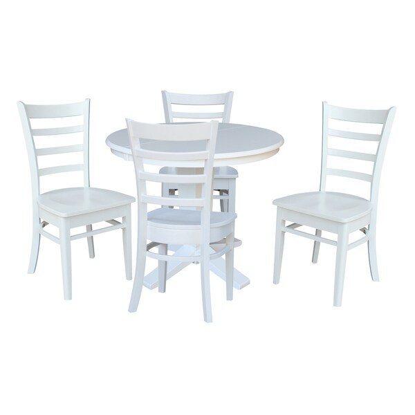 International Concepts 36 in. Solid Wood Round Extension Dining Table with 4 Dining Chairs in White - K08-36RXT-23B-C617-4