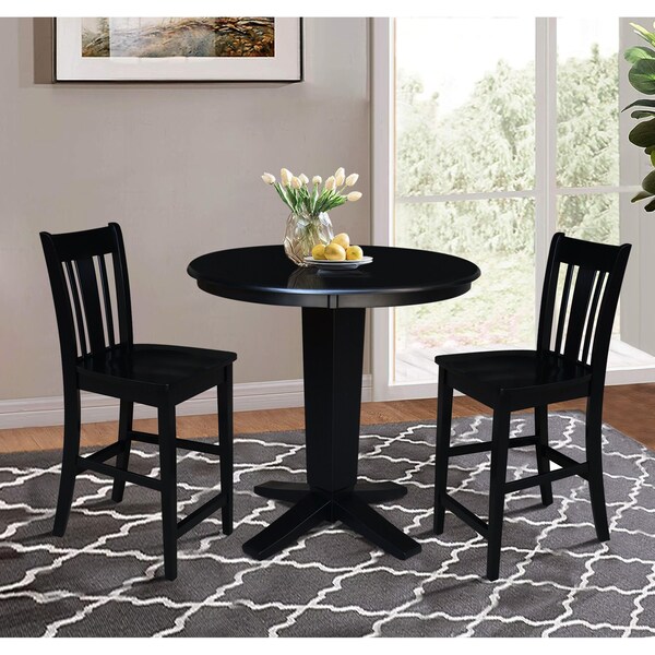 International Concepts 36 in. Solid Wood Round Top Dining Table with 2 Counter Height Stools in Black - K46-36RT-23B-S102-2
