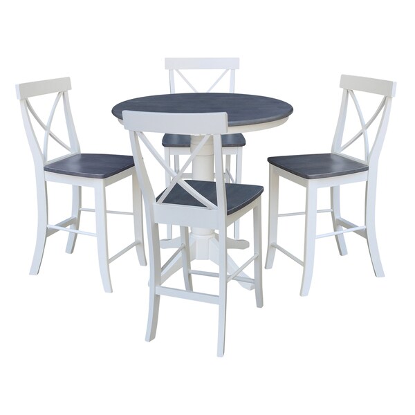 International Concepts 36 in. Solid Wood Round Top Pedestal Counter Height Dining Table w/4 Stools in White/Heather Gray - K05-36RT-27B-S6132-4