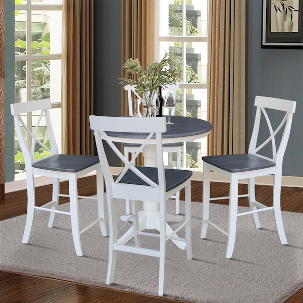 International Concepts 36 in. Solid Wood Round Top Pedestal Counter Height Dining Table w/4 Stools in White/Heather Gray - K05-36RT-27B-S6132-4