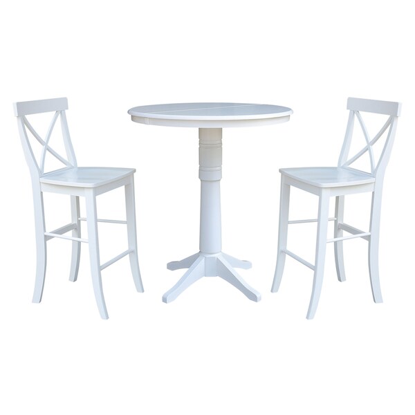 International Concepts Round 36 in Rd Extension Dining Table 40.9 inH, 2 X-Back Bar Height Stools, White, 36 in W, 48 in L - K08-36RXT-27B-S6133