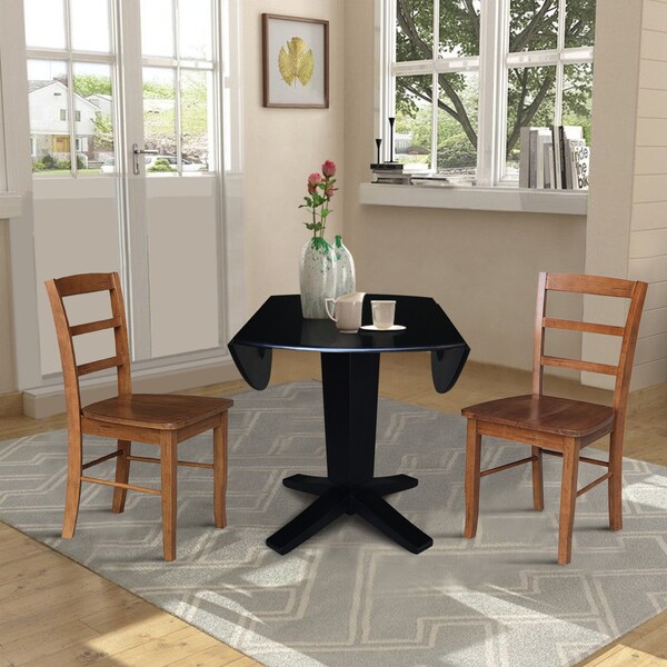 International Concepts 42 in. Solid Wood Dual Drop Leaf Dining Table with 2 Chairs in Black/Distressed Oak - K46-42DPT-23-C42-2-2