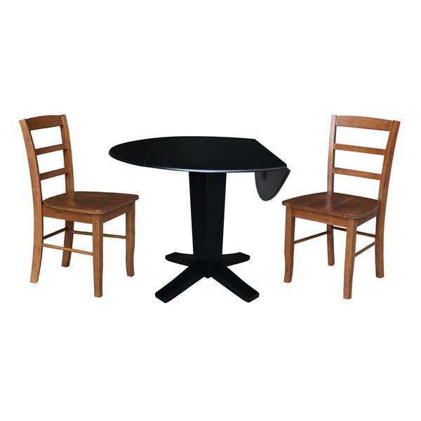International Concepts 42 in. Solid Wood Dual Drop Leaf Dining Table with 2 Chairs in Black/Distressed Oak - K46-42DPT-23-C42-2-2