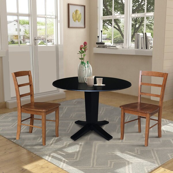 International Concepts 42 in. Solid Wood Dual Drop Leaf Dining Table with 2 Chairs in Black/Distressed Oak - K46-42DPT-23-C42-2-2
