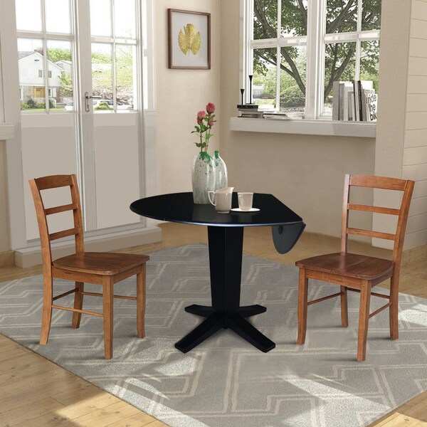 International Concepts 42 in. Solid Wood Dual Drop Leaf Dining Table with 2 Chairs in Black/Distressed Oak - K46-42DPT-23-C42-2-2