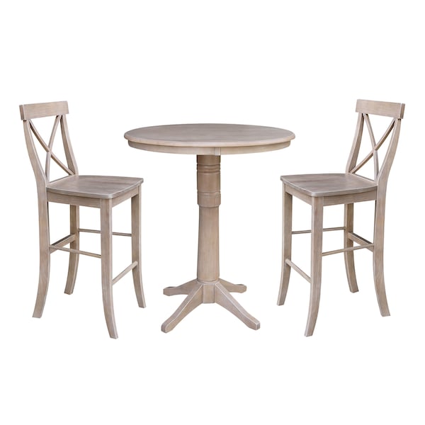 International Concepts Round 36 in Rd Pedestal Bar Ht Table, 2 X-Back Bar Ht Stools, Washed Gray Taupe, 36 in W, 36 in L - K09-36RT-27B-6B-2-S6133-2