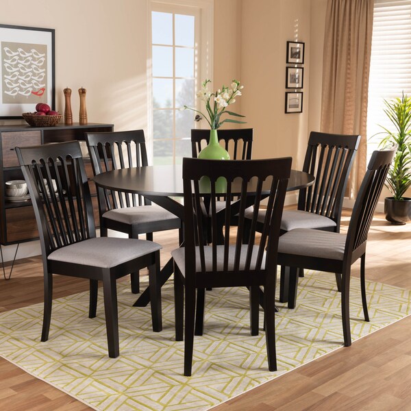 Baxton Studio Lore Grey Upholstered and Dark Brown Finished Wood 7-Piece Dining Set - 168-10522-10894