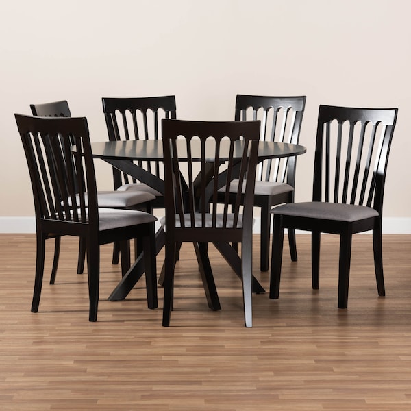 Baxton Studio Lore Grey Upholstered and Dark Brown Finished Wood 7-Piece Dining Set - 168-10522-10894