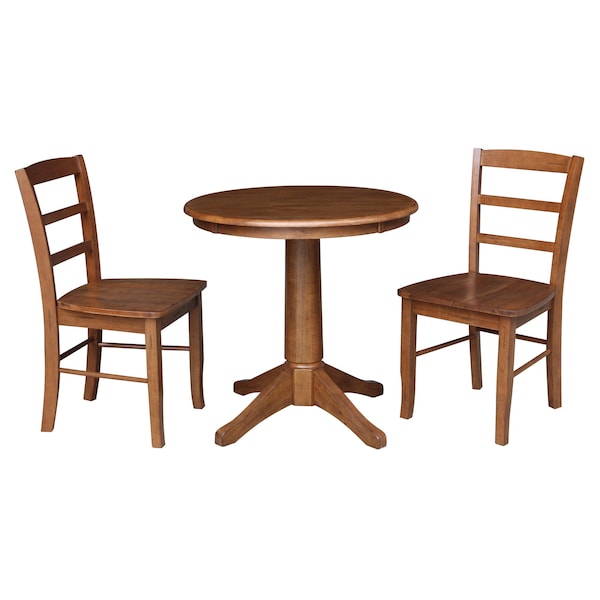 International Concepts 30 in. Round Top Pedestal Dining Table with 2 Madrid LadderBack Chairs - 3 Piece Dining Set - K42-30RT-27B-C2-2