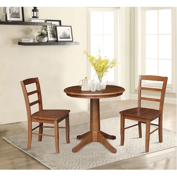 International Concepts 30 in. Round Top Pedestal Dining Table with 2 Madrid LadderBack Chairs - 3 Piece Dining Set - K42-30RT-27B-C2-2