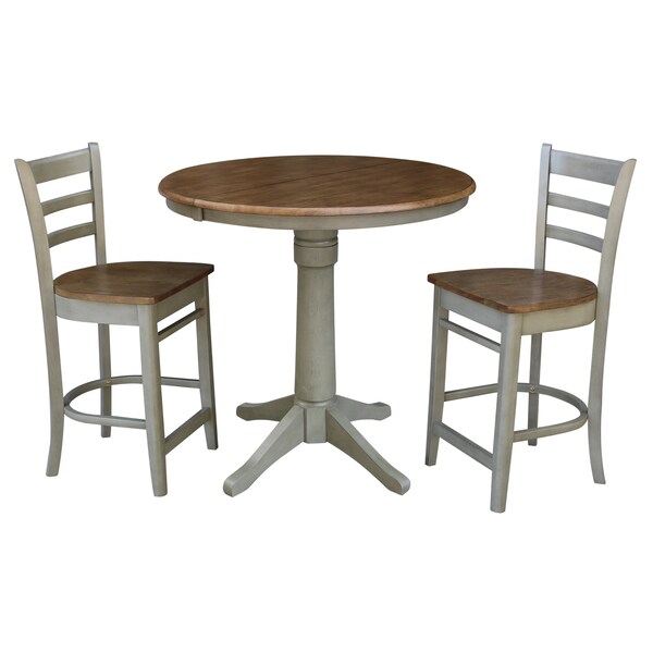 International Concepts Round 36 in Rd Extension Dining Table, 2 Emily Counter Ht Stools, Hickory/Stone, 36 in W, 48 in L - K41-36RXT-27B-S6172-2