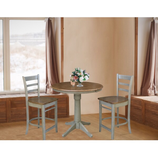 International Concepts Round 36 in Rd Extension Dining Table, 2 Emily Counter Ht Stools, Hickory/Stone, 36 in W, 48 in L - K41-36RXT-27B-S6172-2