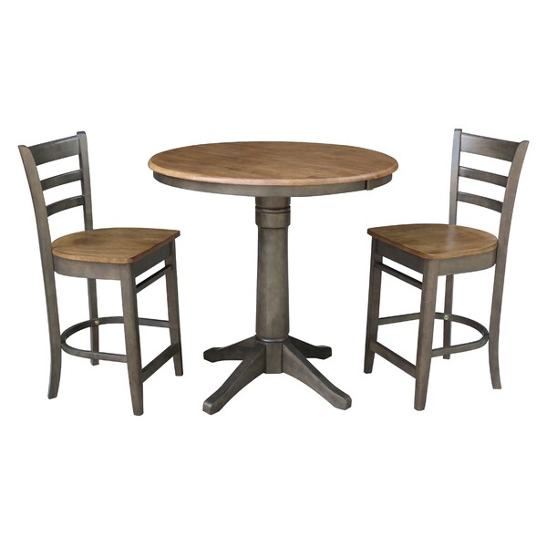 International Concepts Round 36 in Rd Extension Dining Table, 2 Counter Ht Stools, Hickory/Washed Coal, 36 in W, 48 in L - K45-36RXT-27-S6172-2