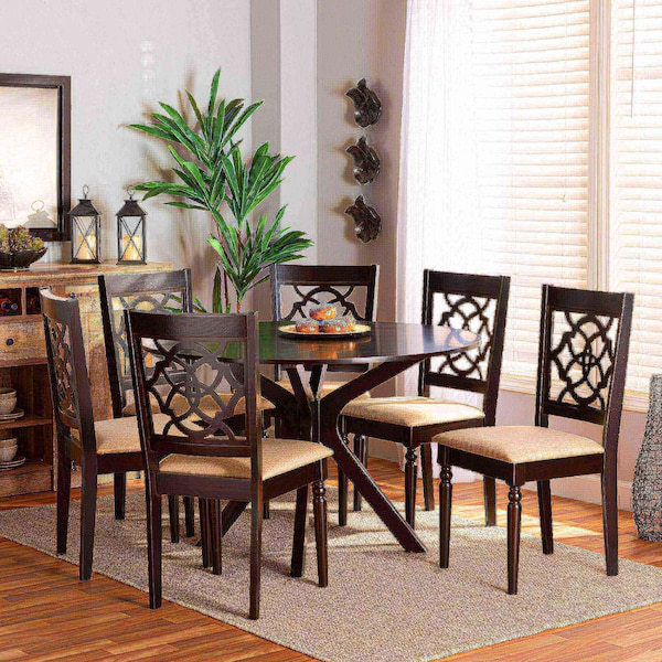 Baxton Studio Sadie Modern and Contemporary Sand Fabric and Dark Brown Finished Wood 7-Piece Dining Set - 174-10535-10894-ZORO