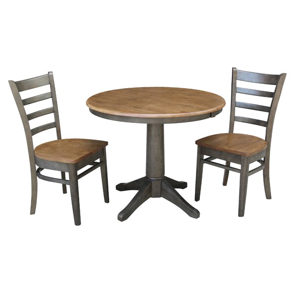 International Concepts Round 36 in Rd Extension Dining Table, 2 RTA Chairs, Hickory/Washed Coal, 36 in W, 48 in L, 30.1 in H - K45-36RXT-27B-C617-2