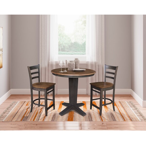 International Concepts 36 in. Solid Wood Round Extension Dining Table with 2 Counter Height Stools in Hickory/Washed Coal - K45-36RXT-23-S6172-2