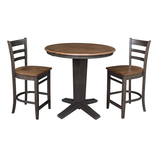 International Concepts 36 in. Solid Wood Round Extension Dining Table with 2 Counter Height Stools in Hickory/Washed Coal - K45-36RXT-23-S6172-2