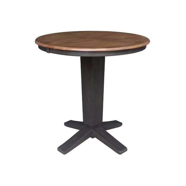 International Concepts 36 in. Solid Wood Round Extension Dining Table with 2 Counter Height Stools in Hickory/Washed Coal - K45-36RXT-23-S6172-2