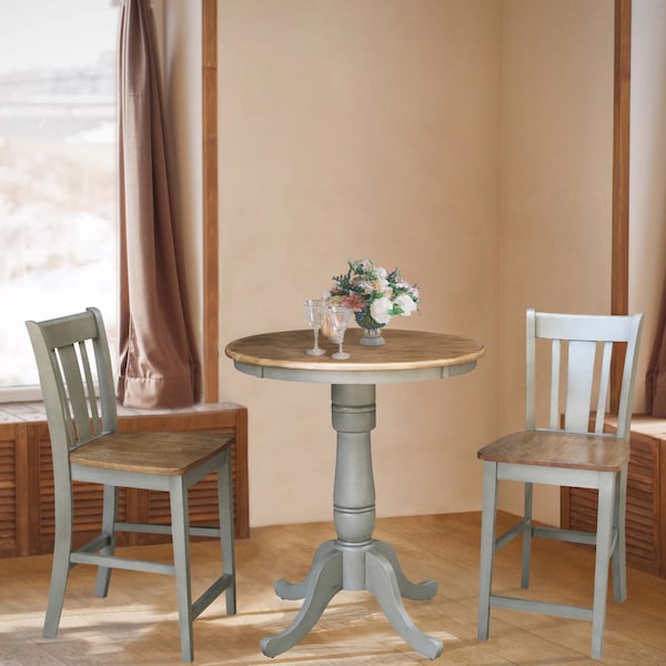 International Concepts Round 30 in Rd Ped Gathering Ht Table, 2 San Remo Stools, Hickory/Stone, 30 in W, 30 in L, 35.1 in H - K41-30RT-6B-S102-2