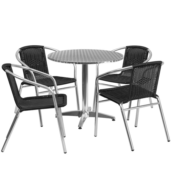 Flash Furniture Round Table Set, 31.5 W, 31.5 L, 27.5 H, Aluminum, Plastic, Rattan, Stainless Steel, Grey - TLH-ALUM-32RD-020BKCHR4-GG