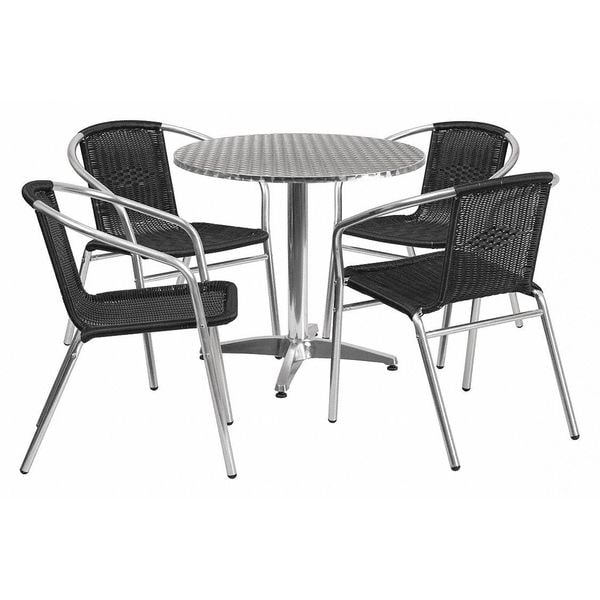 Flash Furniture Round Table Set, 31.5 W, 31.5 L, 27.5 H, Aluminum, Plastic, Rattan, Stainless Steel, Grey - TLH-ALUM-32RD-020BKCHR4-GG