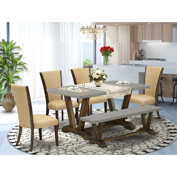East West Furniture 6 Piece V-Style Dining Table Set - Distressed Jacobean - V796VE703-6