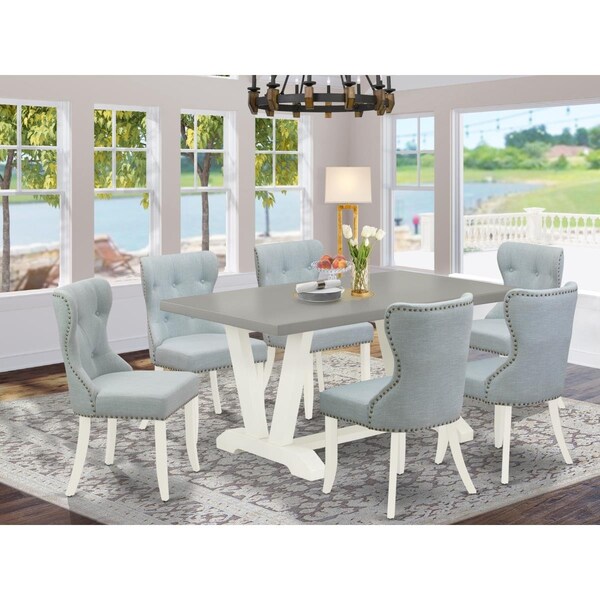 East West Furniture 7 Piece V-Style Dining Room Set - Linen White - V096SI215-7
