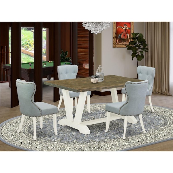 East West Furniture 5 Piece V-Style Dining Table Set - Linen White - V076SI215-5