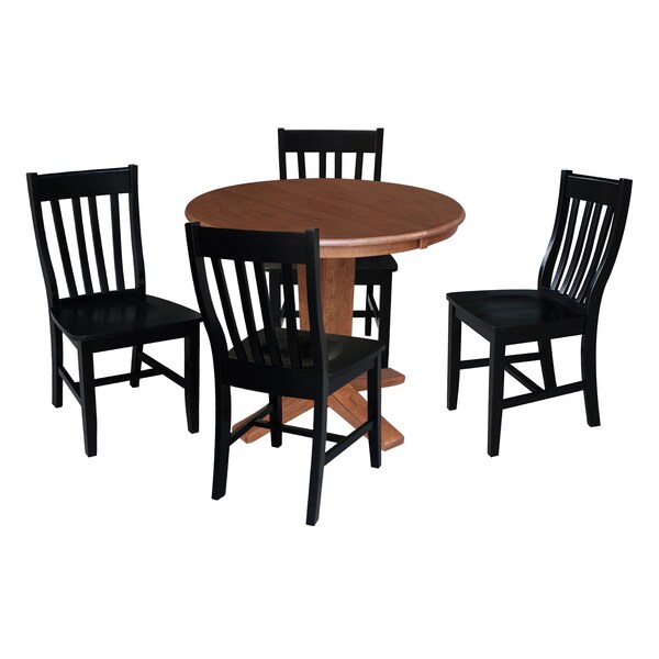 International Concepts 36 in. Solid Wood Round Extension Dining Table with 4 Chairs in Distressed Oak/Black - K42-36RXT-23-C46-614