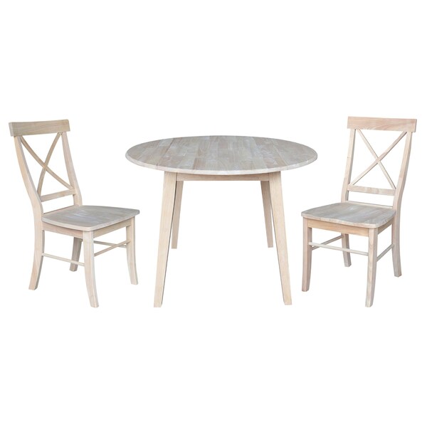 International Concepts 42 in. Solid Wood Round Dual Drop Leaf Dining Table with 2 Chairs, Unfinished - K-42DL-C613-2