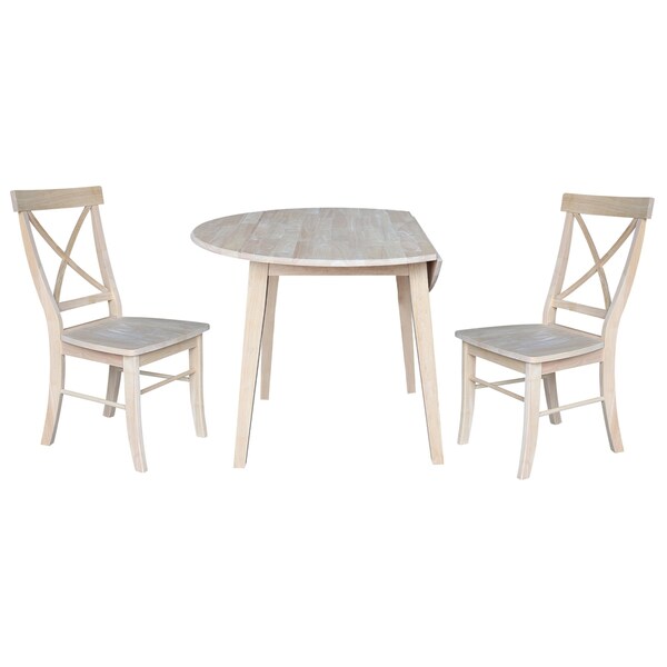 International Concepts 42 in. Solid Wood Round Dual Drop Leaf Dining Table with 2 Chairs, Unfinished - K-42DL-C613-2